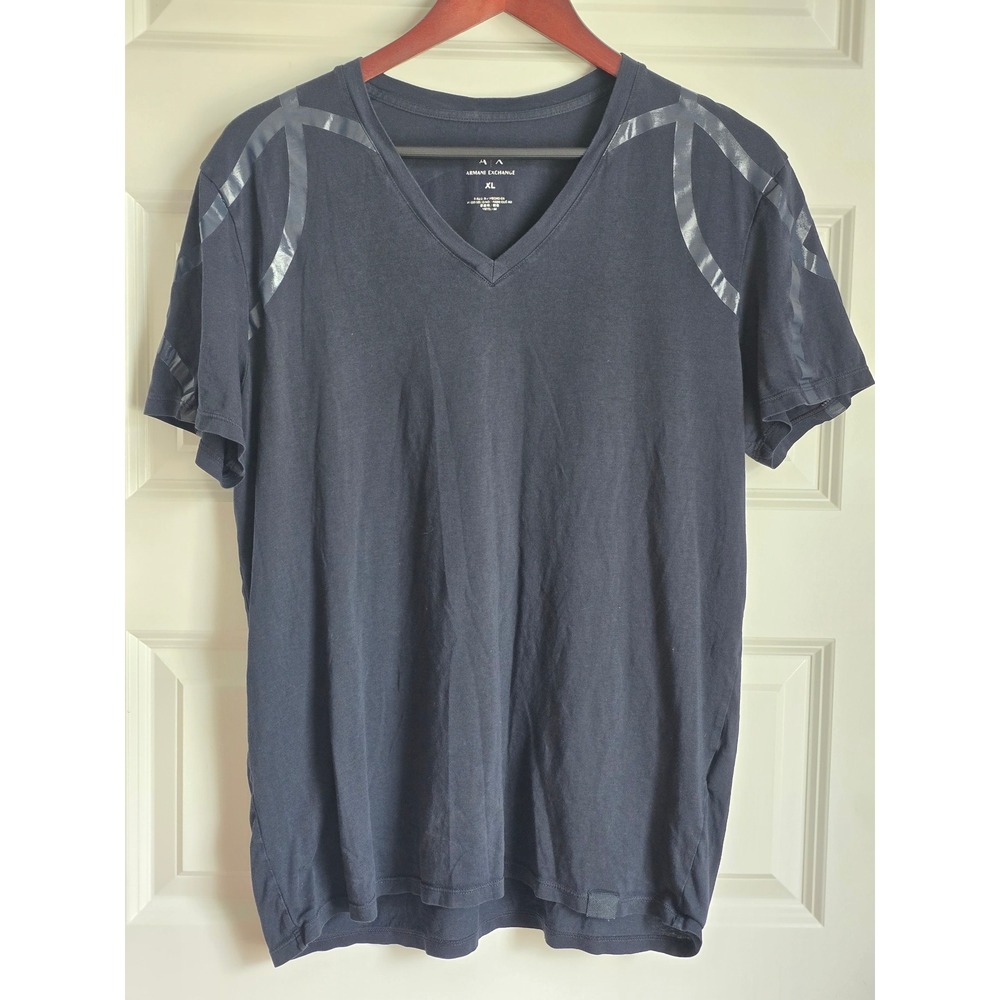 Armani Exchange Mens XL Navy Blue V-Neck Graphic Tape Short Sleeve T-Shirt